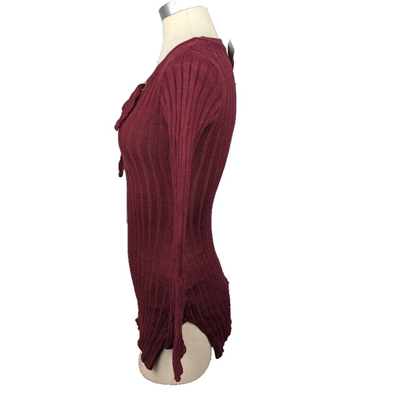 Ultra Flirt Juniors Ribbed Bell-Sleeve Sweater Size XS Cabernet Red Lace Up - Picture 2 of 4